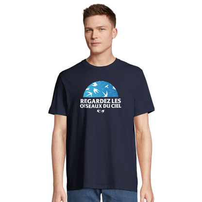 T-shirt chrétien homme en coton bio « Matthieu 6:26 » bleu marine face