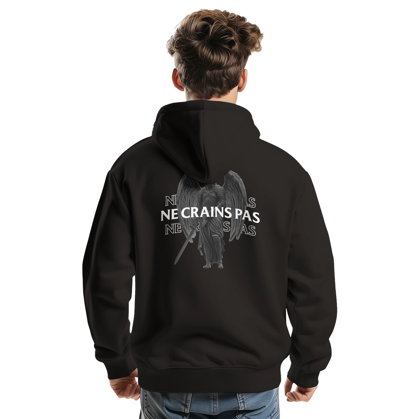 Sweat à capuche chrétien homme « Esaïe 41:10 » noir dos