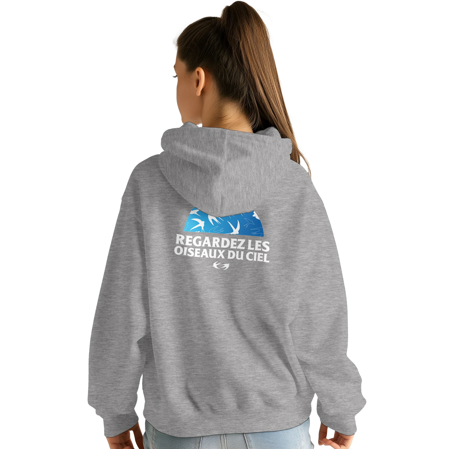 Sweat à capuche chrétien femme « Matthieu 6:26 » gris chiné dos