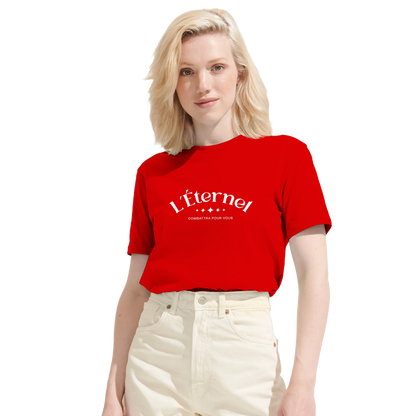 T-shirt chrétien femme en coton bio « Deutéronome 3:22 » rouge face