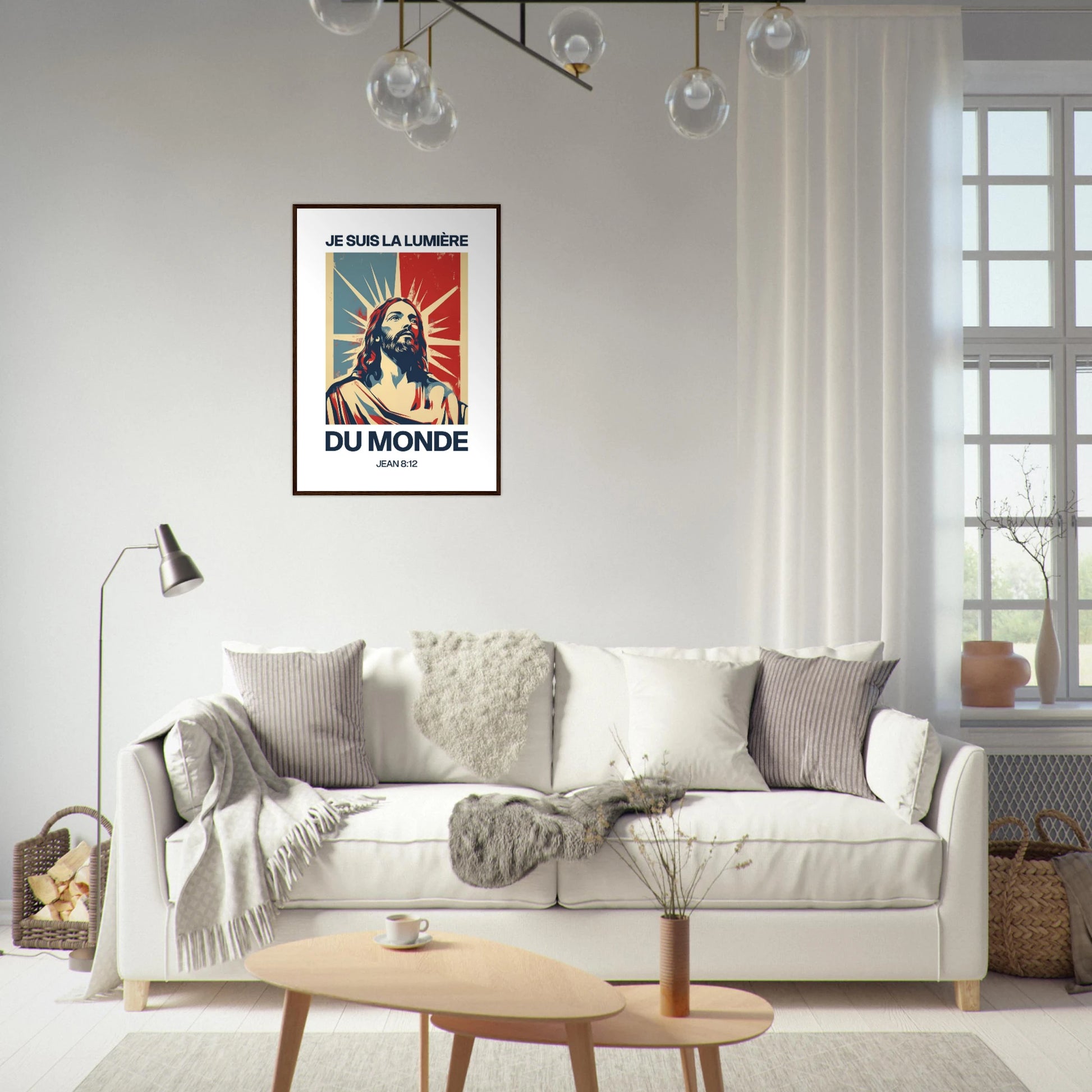 Poster chrétien premium encadré « Jean 8:12 » salon A1 cadre bois foncé