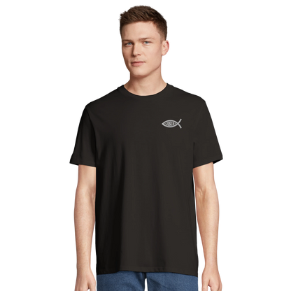 T-shirt chrétien homme brodé en coton bio « Ichthus » noir face