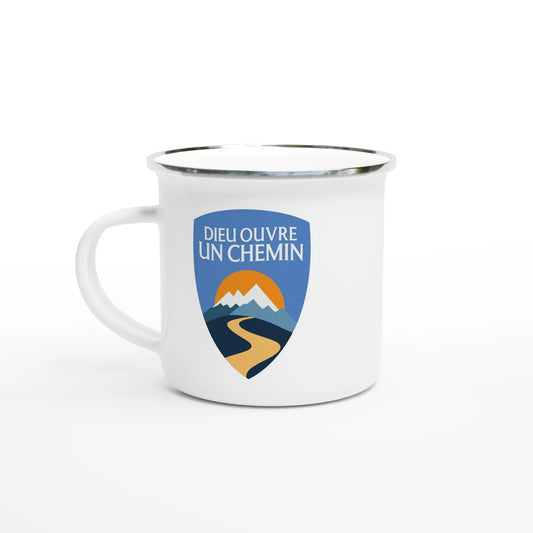 Mug chrétien en émail « Dieu ouvre un chemin » présentation