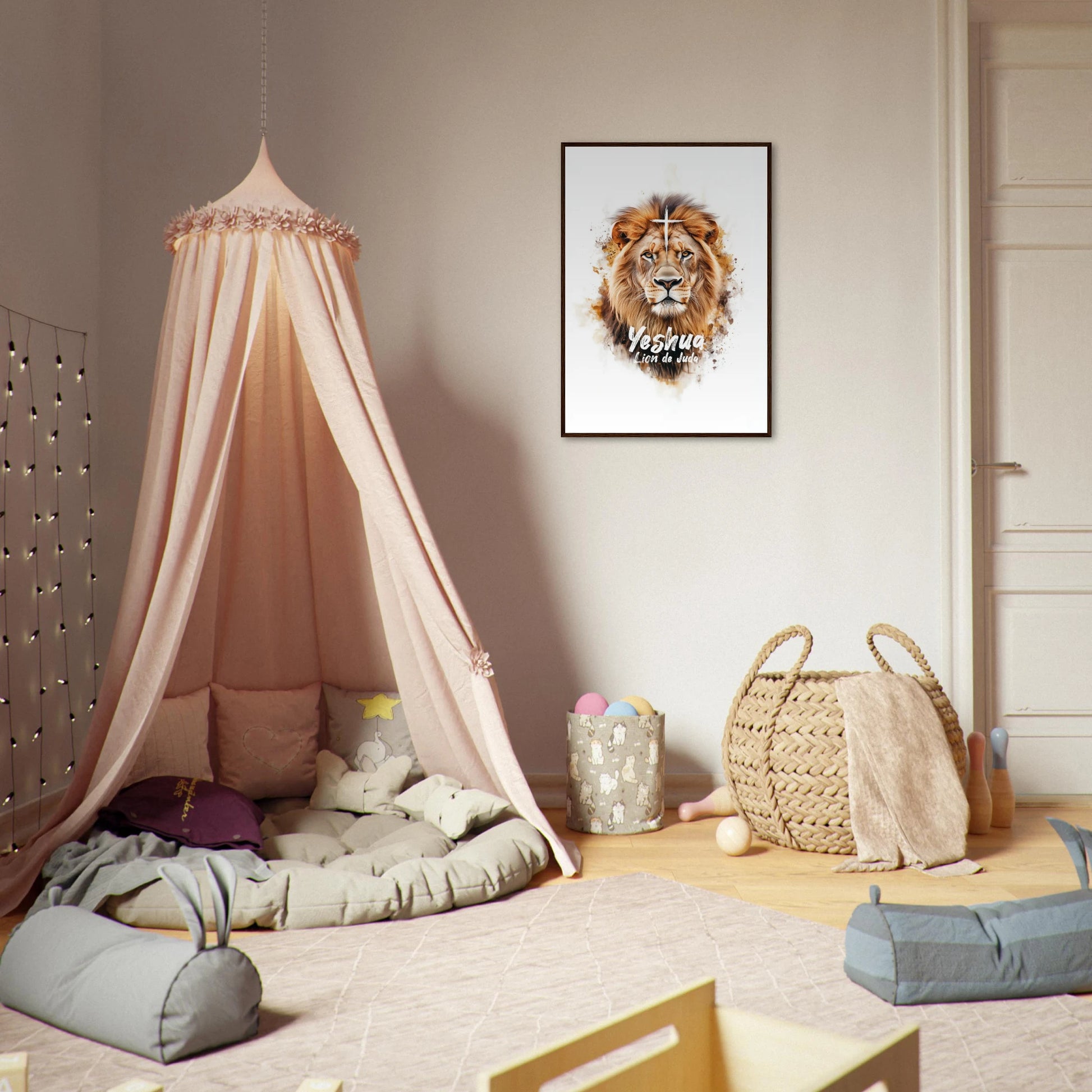 Poster chrétien premium encadré « Yeshua Lion de Juda » chambre A1 cadre bois foncé