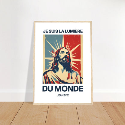 Poster chrétien premium encadré « Jean 8:12 » plan rapproché A2 cadre bois