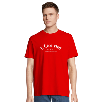 T-shirt chrétien homme en coton bio « Deutéronome 3:22 » rouge face