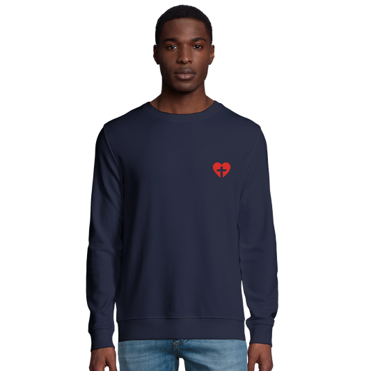 Sweat-shirt chrétien homme en coton bio « Sacré-Cœur » bleu marine face