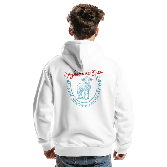 Sweat à capuche chrétien homme « Jean 1:29 » blanc dos