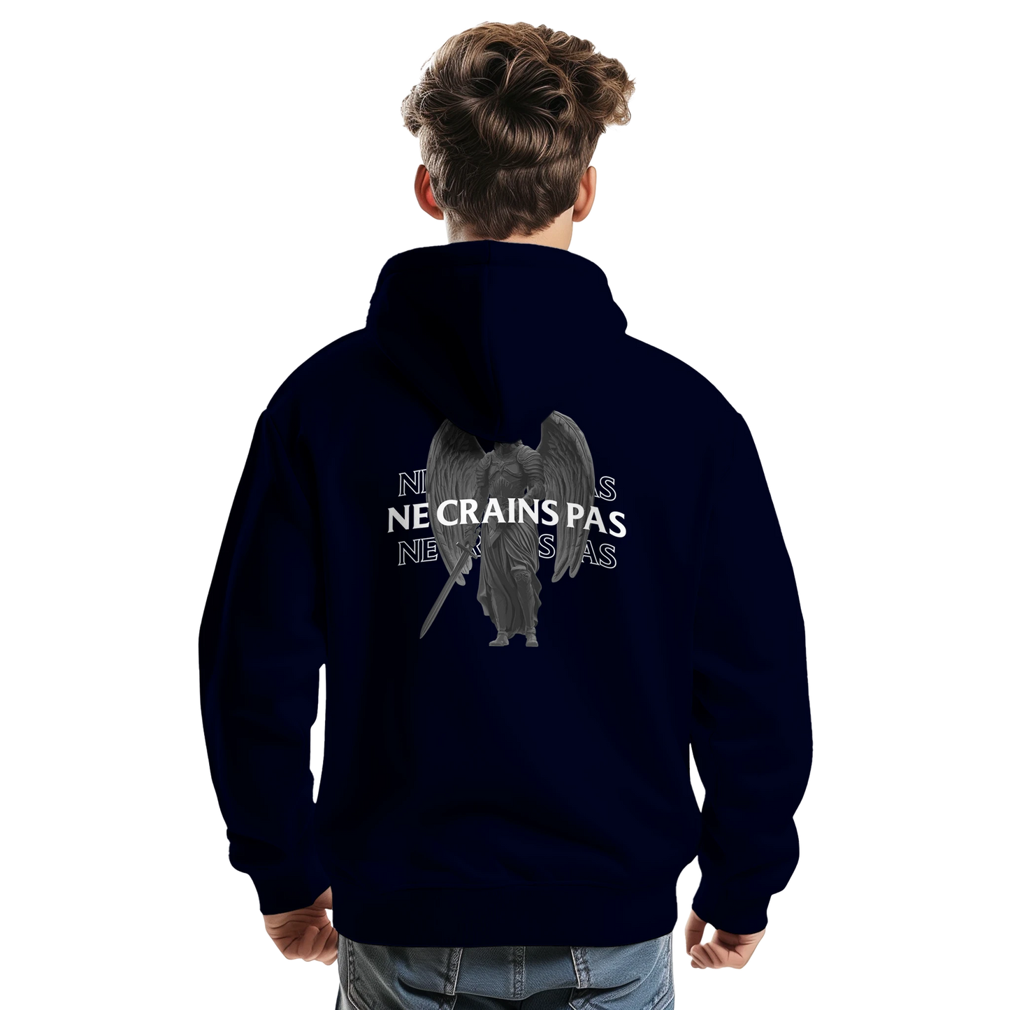 Sweat à capuche chrétien homme « Esaïe 41:10 » bleu marine dos