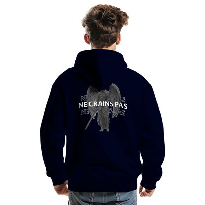 Sweat à capuche chrétien homme « Esaïe 41:10 » bleu marine dos