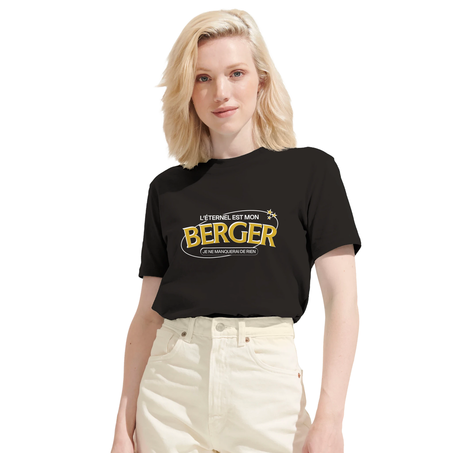T-shirt chrétien femme en coton bio « Psaume 23:1 » noir face