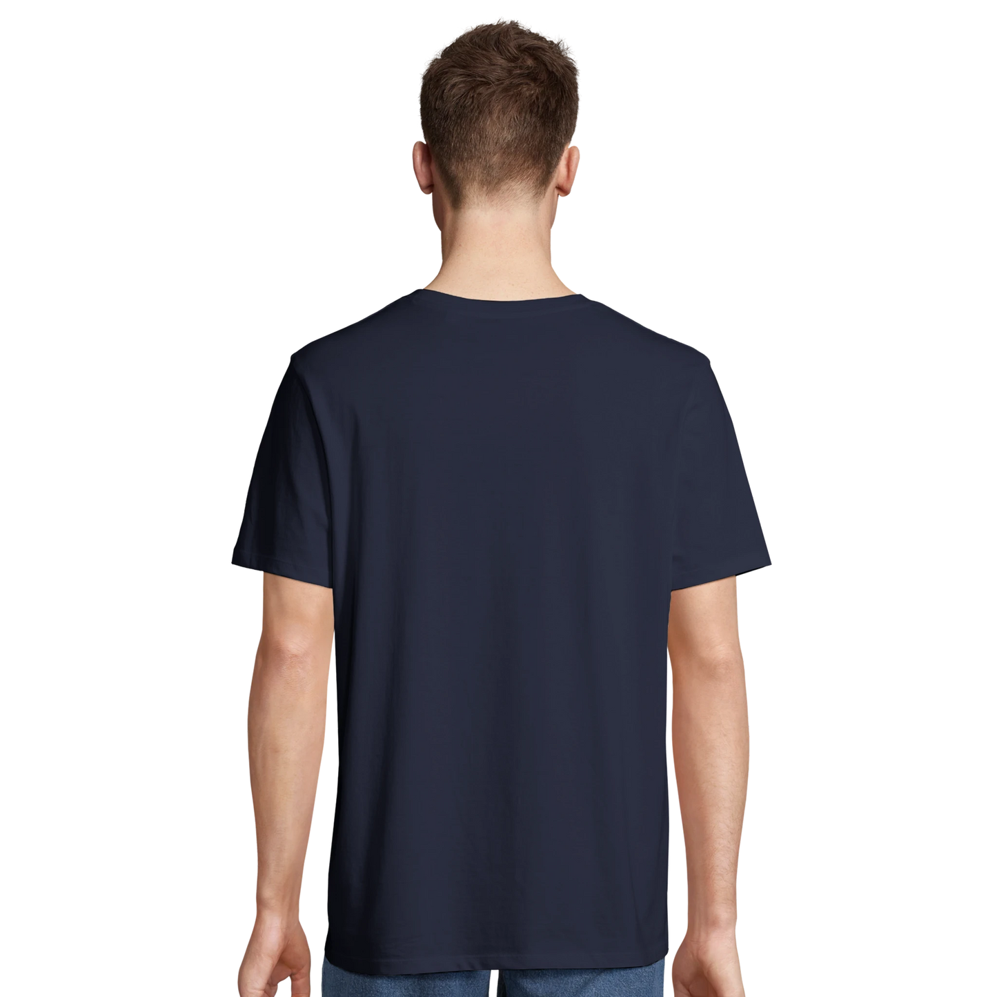 T-shirt chrétien homme brodé en coton bio « Jérémie 29:11 » bleu marine dos