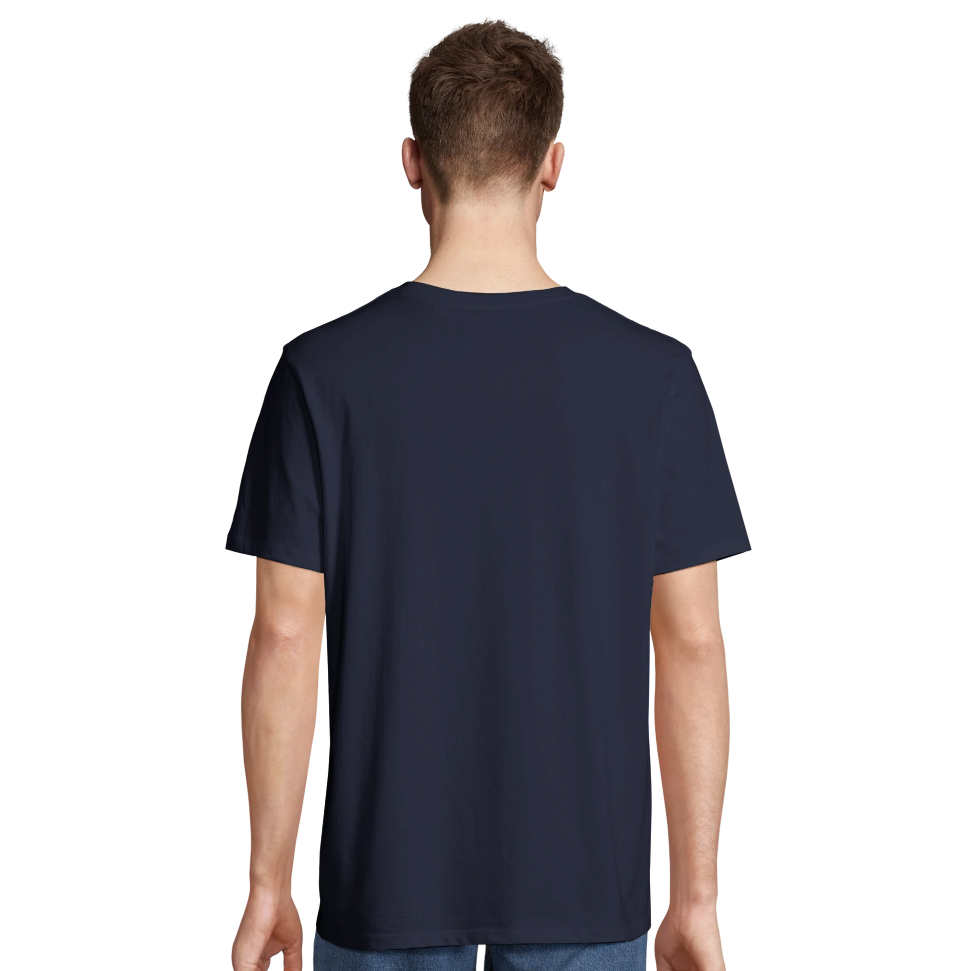T-shirt chrétien homme brodé en coton bio « Jérémie 29:11 » bleu marine dos