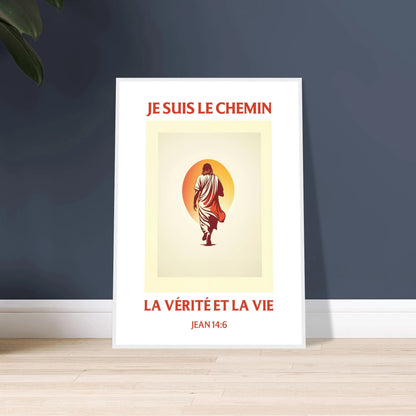 Poster chrétien premium encadré « Jean 14:6 » plan rapproché A1 cadre blanc