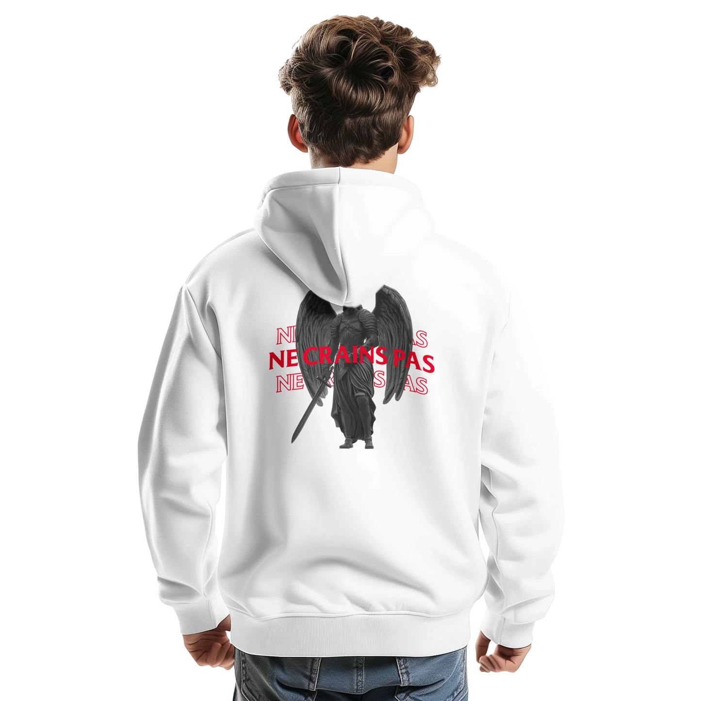 Sweat à capuche chrétien homme « Esaïe 41:10 » blanc dos