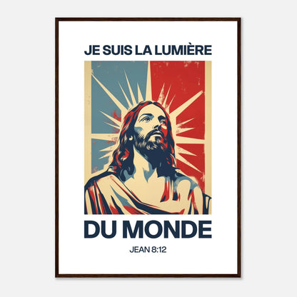 Poster chrétien premium encadré « Jean 8:12 » présentation A1 cadre bois foncé