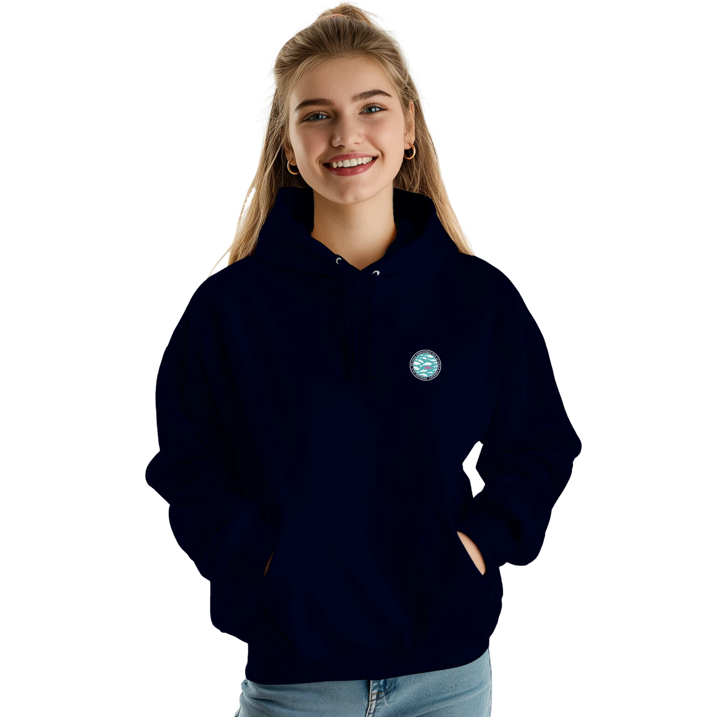 Sweat à capuche chrétien femme « Romains 12:2 » bleu marine face