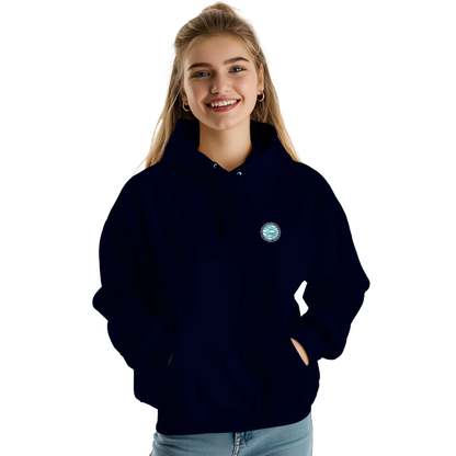 Sweat à capuche chrétien femme « Romains 12:2 » bleu marine face