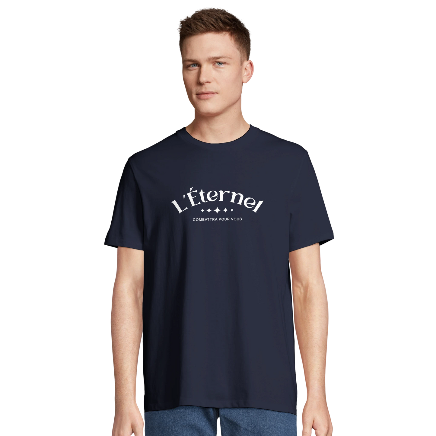 T-shirt chrétien homme en coton bio « Deutéronome 3:22 » bleu marine face