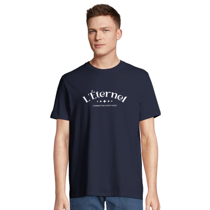 T-shirt chrétien homme en coton bio « Deutéronome 3:22 » bleu marine face