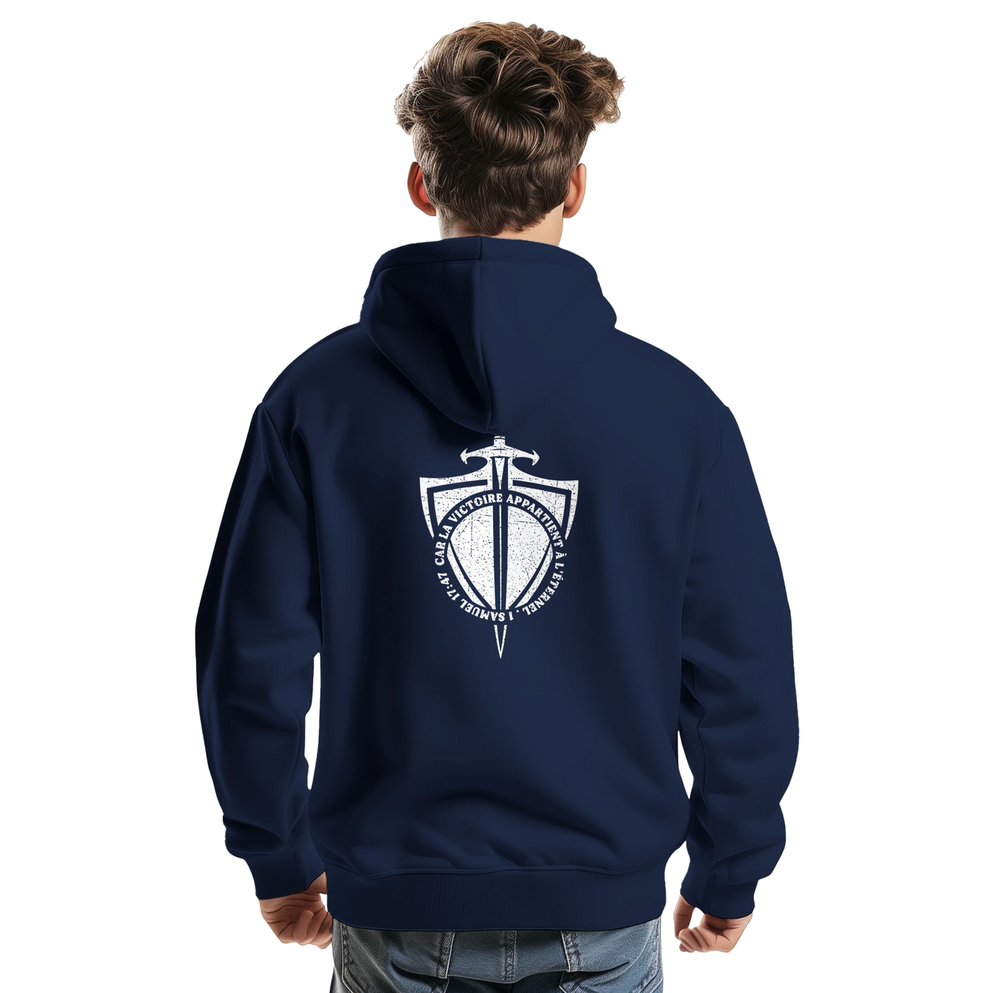 Sweat à capuche chrétien homme « 1 Samuel 17:47 » bleu marine dos