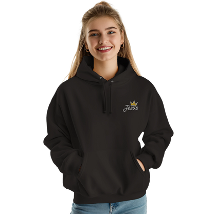 Sweat à capuche chrétien femme brodé « Jésus est Roi » noir face