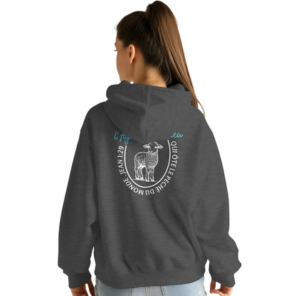 Sweat à capuche chrétien femme « Jean 1:29 » charbon dos