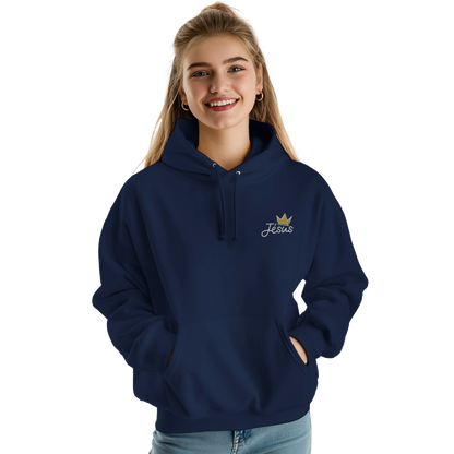 Sweat à capuche chrétien femme brodé « Jésus est Roi » bleu marine face