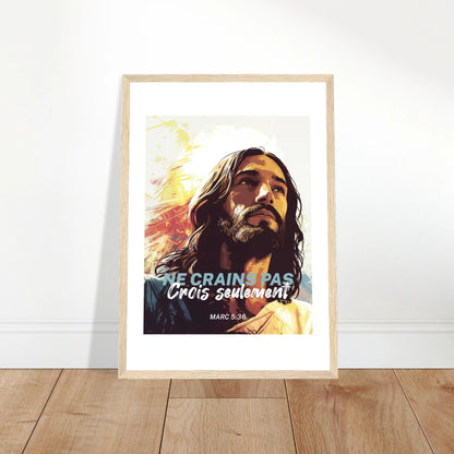 Poster chrétien premium encadré « Marc 5:36 » plan rapproché A3 cadre bois