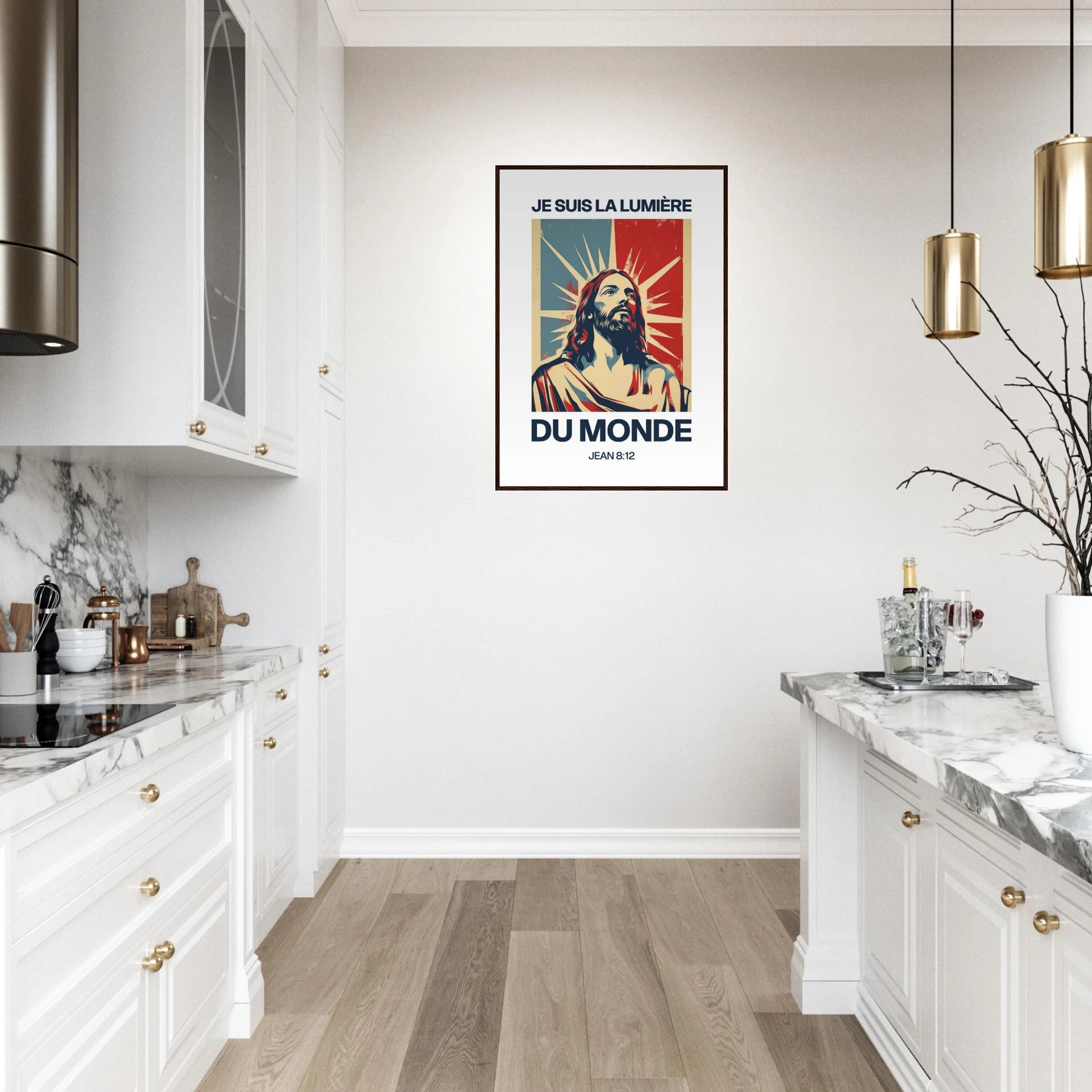 Poster chrétien premium encadré « Jean 8:12 » cuisine A1 cadre bois foncé