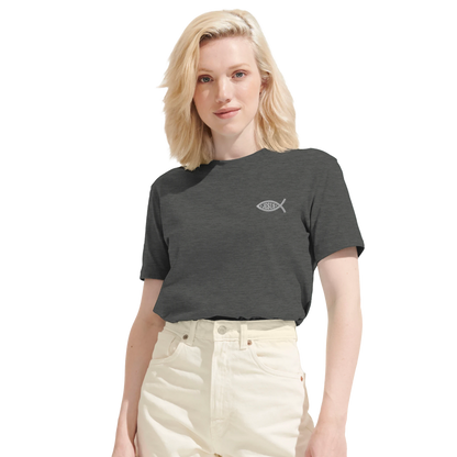 T-shirt chrétien femme brodé en coton bio « Ichthus » gris chiné face