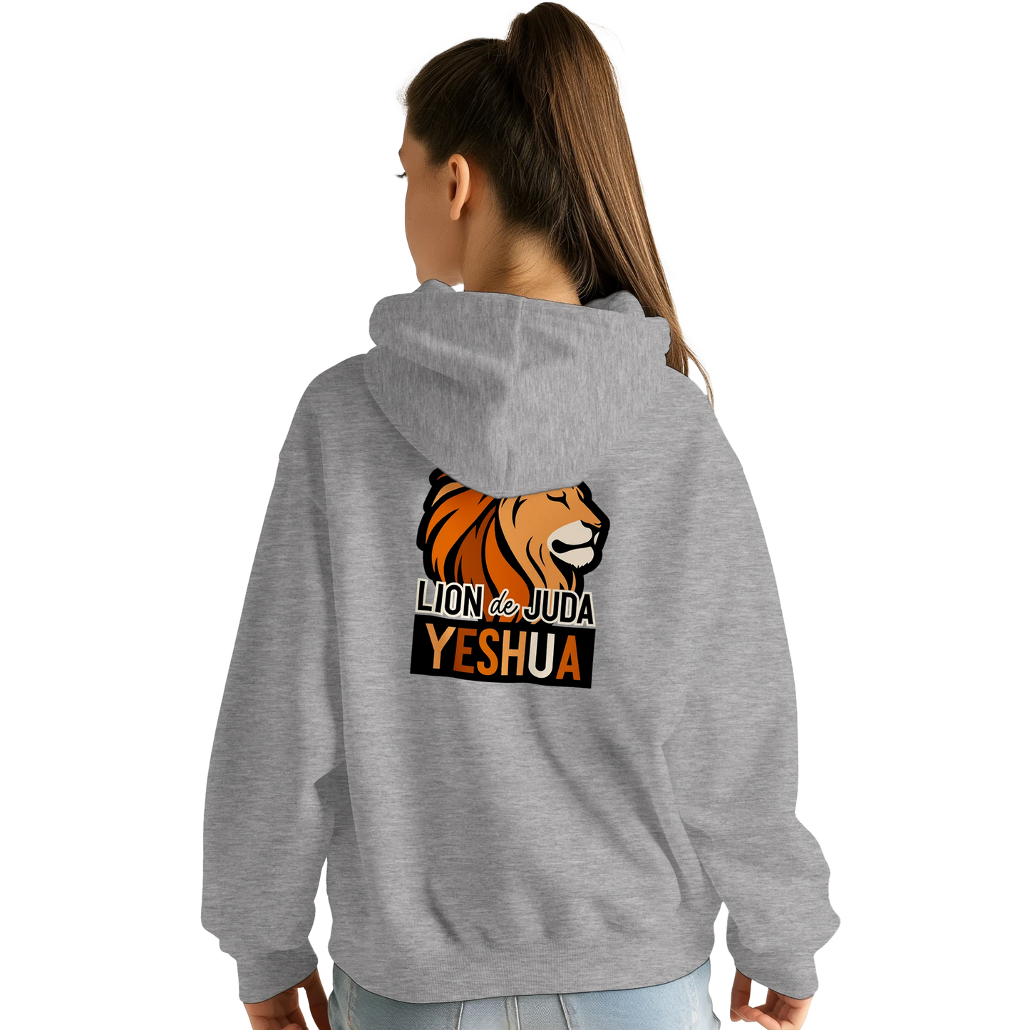 Sweat à capuche chrétien femme « Yeshua Lion de Juda » gris chiné dos