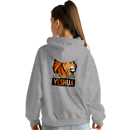 Sweat à capuche chrétien femme « Yeshua Lion de Juda » gris chiné dos
