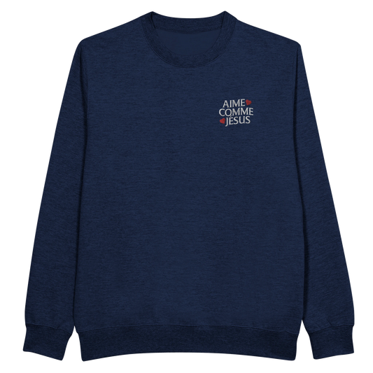 Sweat-shirt chrétien femme brodé « Aime comme Jésus » bleu marine face
