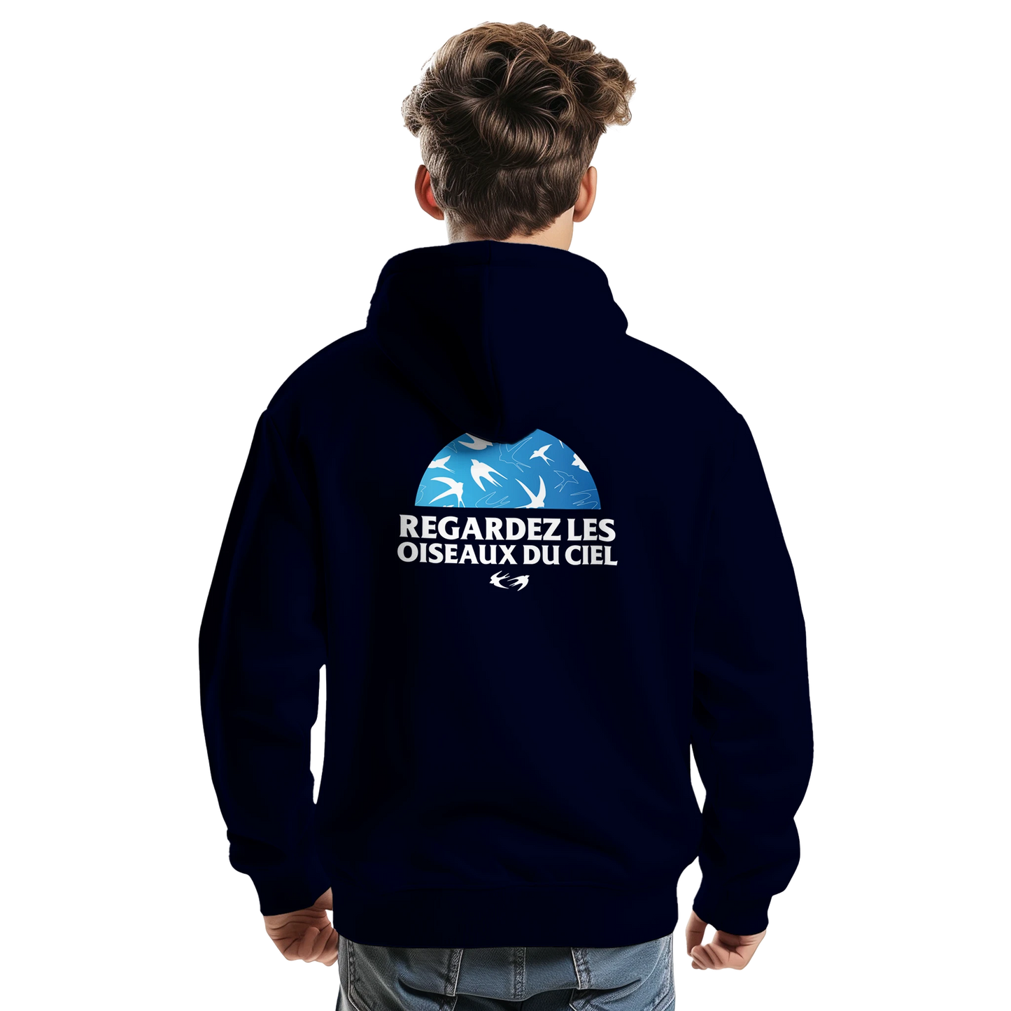 Sweat à capuche chrétien homme « Matthieu 6:26 » bleu marine dos