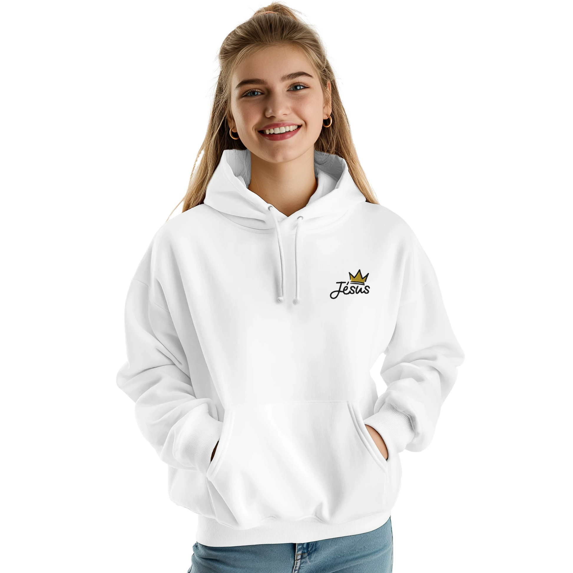 Sweat à capuche chrétien femme brodé « Jésus est Roi » blanc face