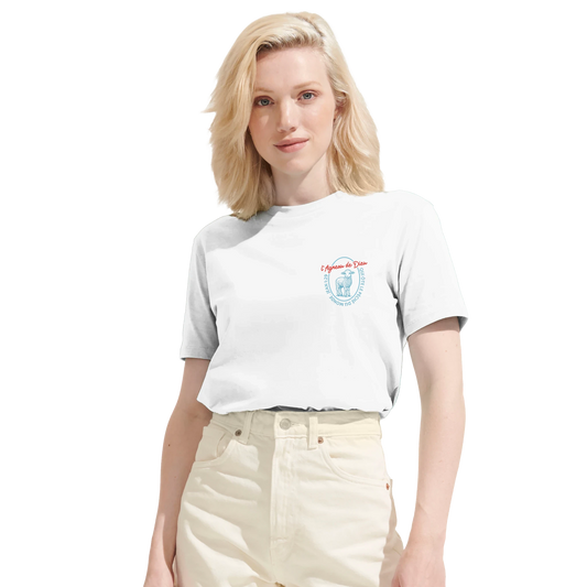 T-shirt chrétien femme en coton bio « Jean 1:29 » blanc face