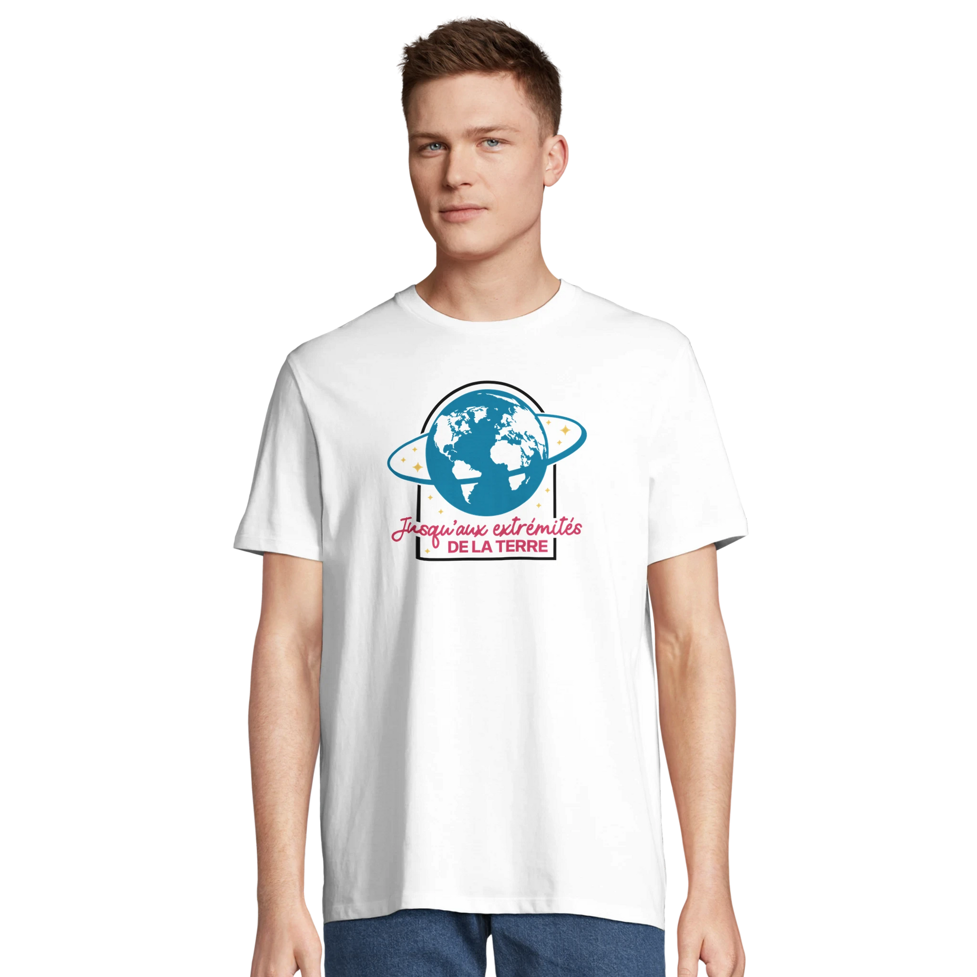T-shirt chrétien homme en coton bio « Actes 1:8 » blanc face