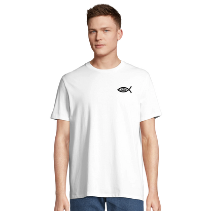 T-shirt chrétien homme brodé en coton bio « Ichthus » blanc face