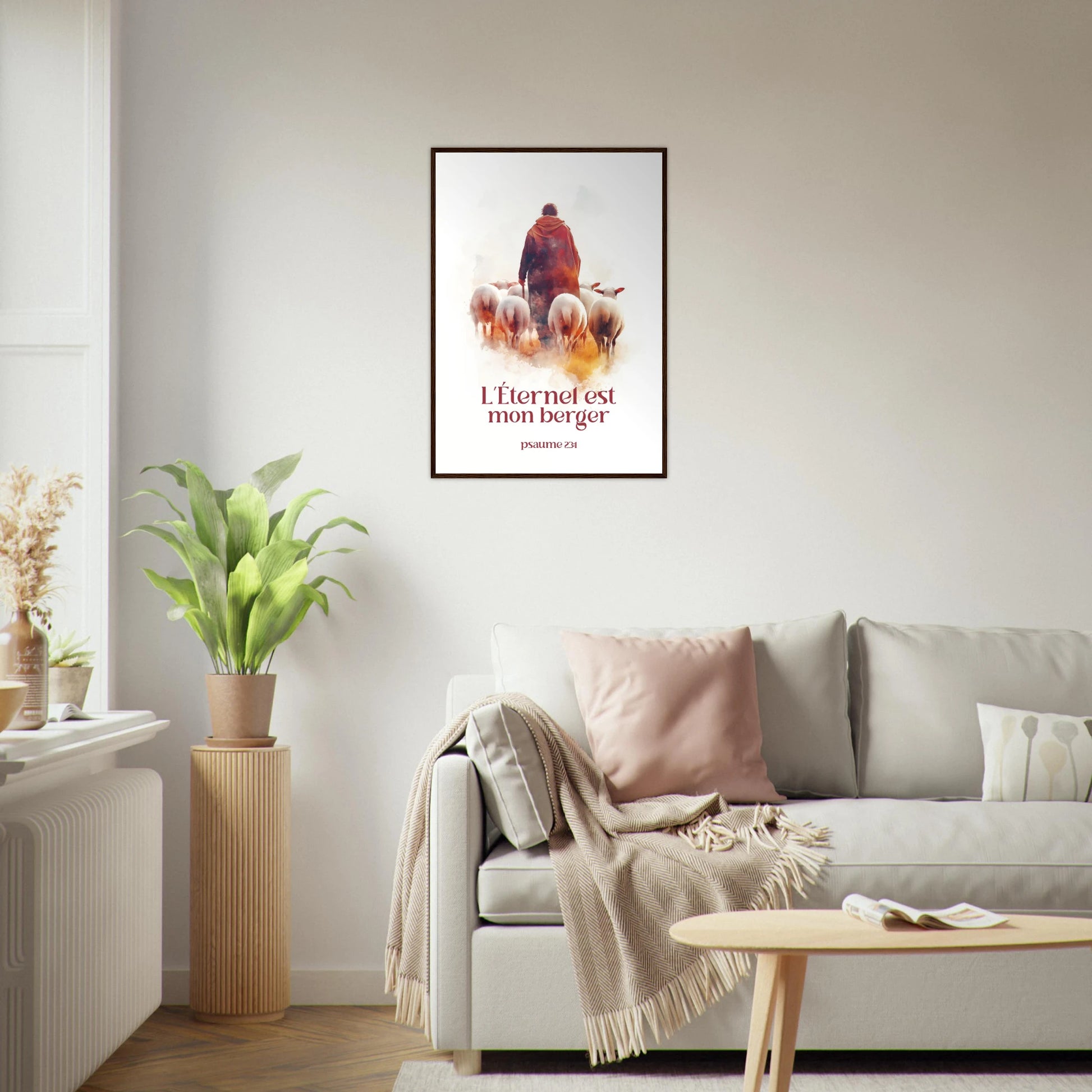 Poster chrétien premium encadré « Psaume 23:1 » salon A1 cadre bois foncé