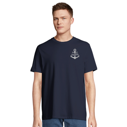 T-shirt chrétien homme brodé en coton bio « Jérémie 29:11 » bleu marine face