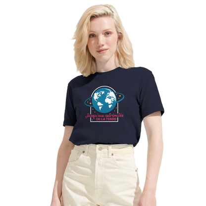 T-shirt chrétien femme en coton bio « Actes 1:8 » bleu marine face