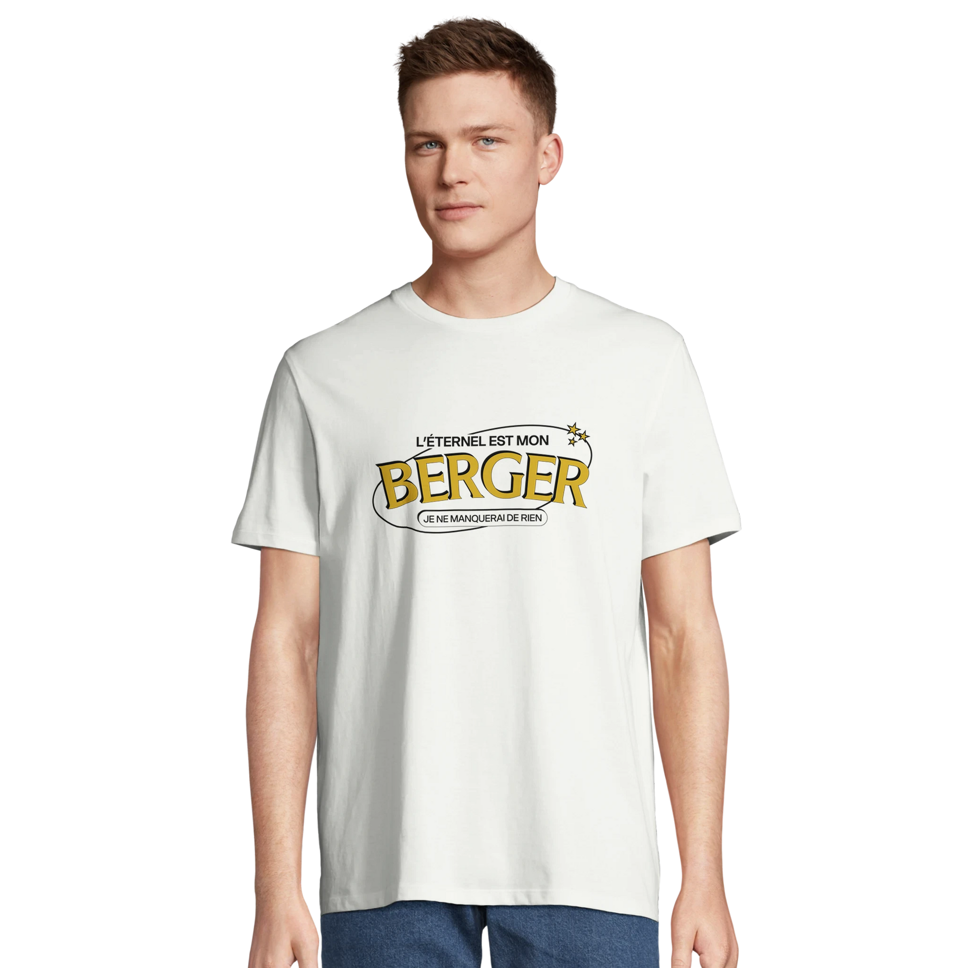 T-shirt chrétien homme en coton bio « Psaume 23:1 » blanc face