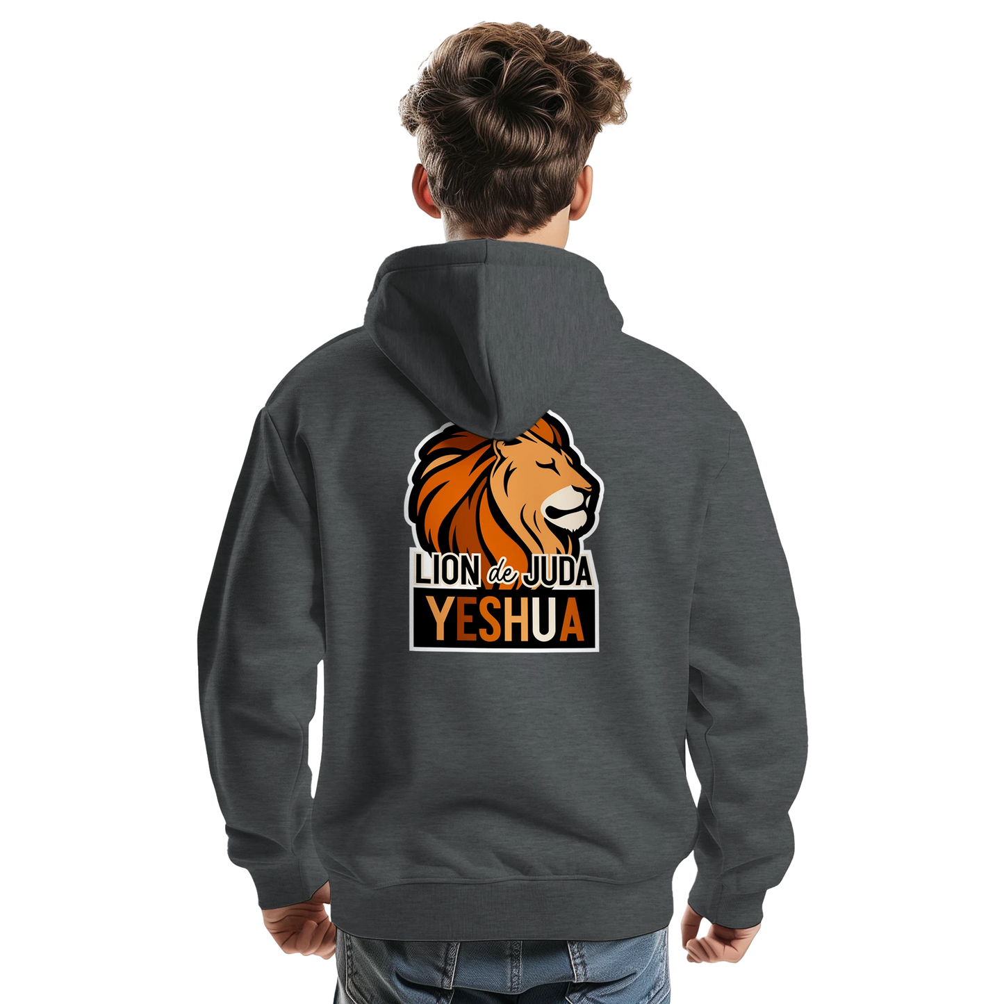 Sweat à capuche chrétien homme « Yeshua Lion de Juda » charbon dos