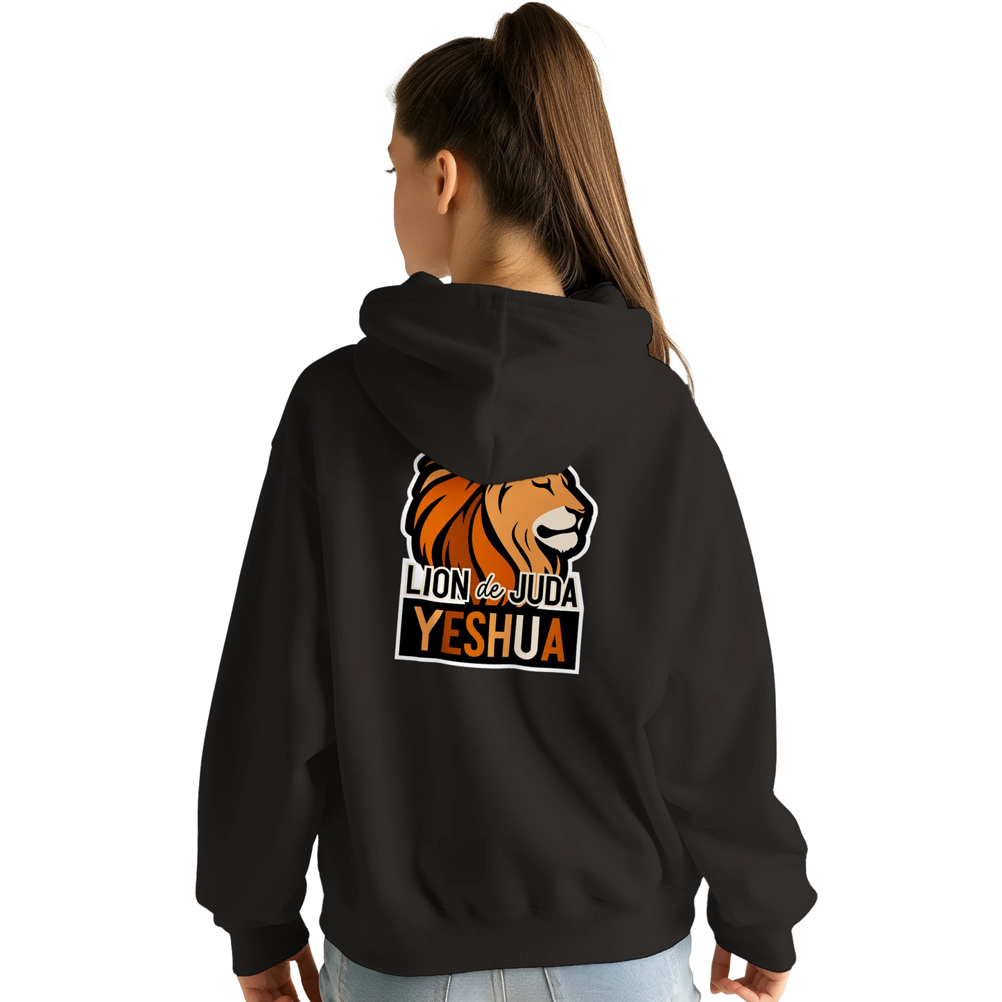 Sweat à capuche chrétien femme « Yeshua Lion de Juda » noir dos