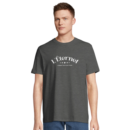 T-shirt chrétien homme en coton bio « Deutéronome 3:22 » gris chiné face