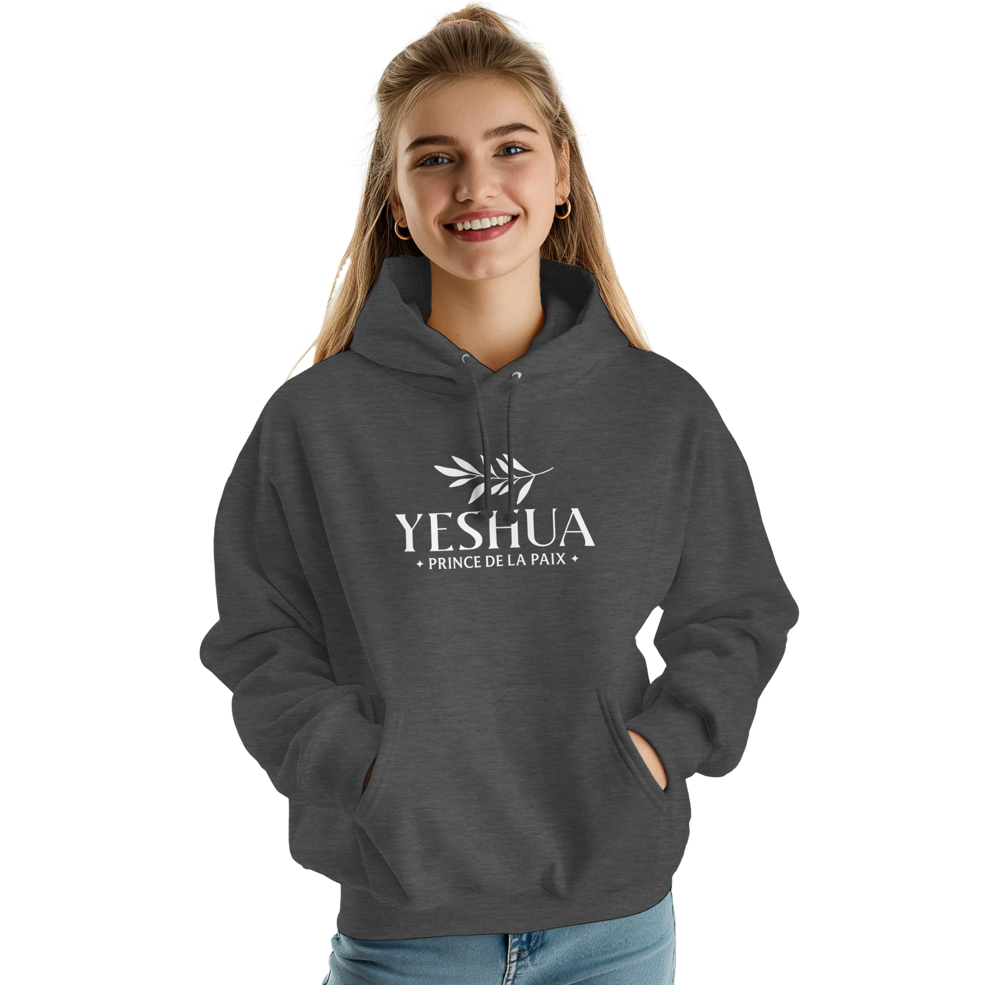Sweat à capuche chrétien femme « Yeshua Prince de la Paix » charbon face