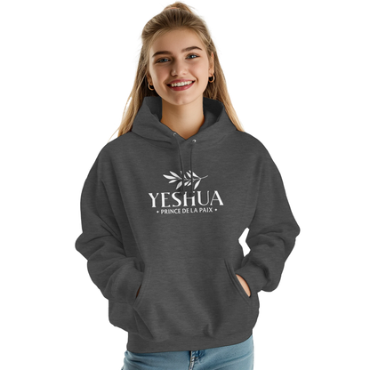 Sweat à capuche chrétien femme « Yeshua Prince de la Paix » charbon face