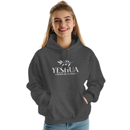 Sweat à capuche chrétien femme « Yeshua Prince de la Paix » charbon face