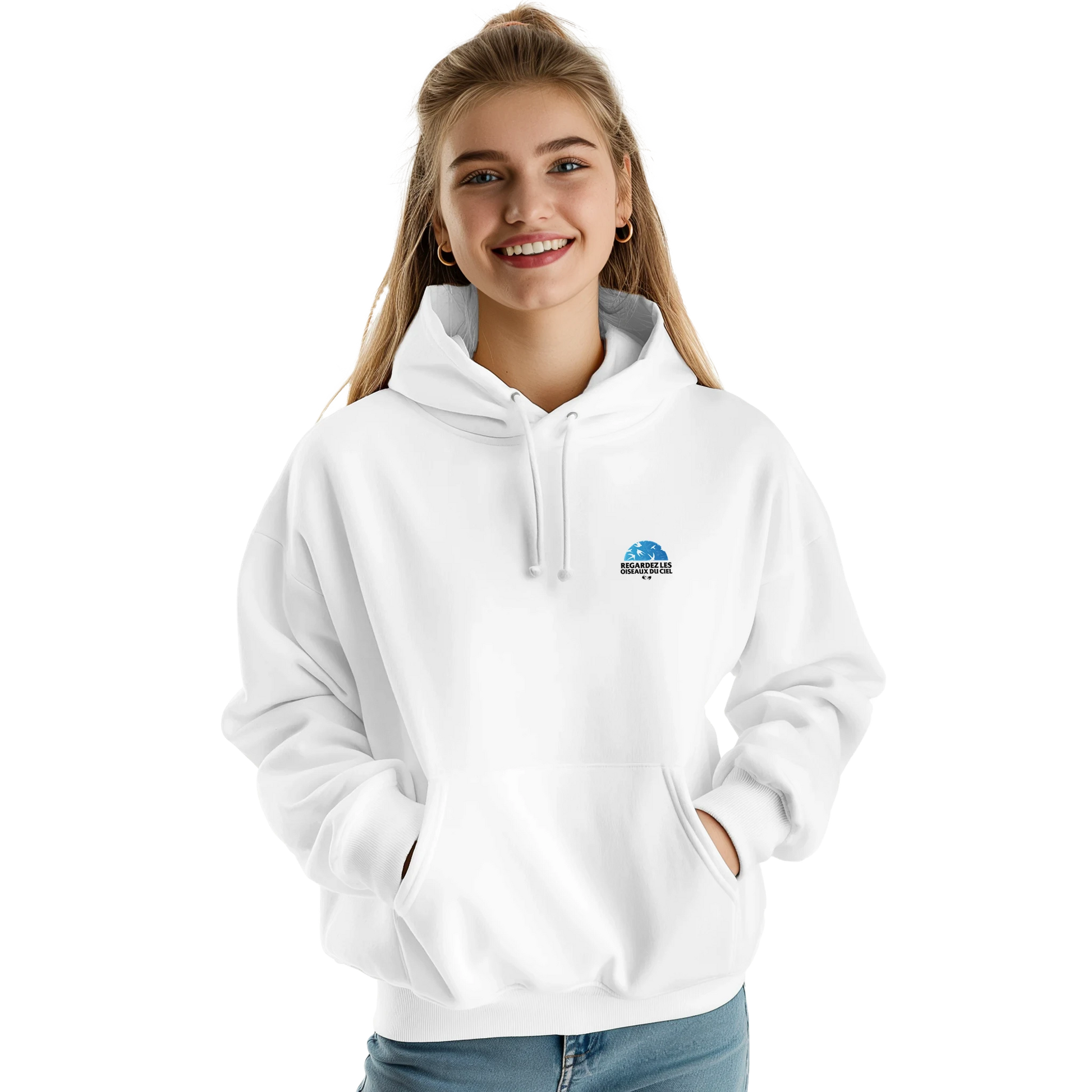 Sweat à capuche chrétien femme « Matthieu 6:26 » blanc face